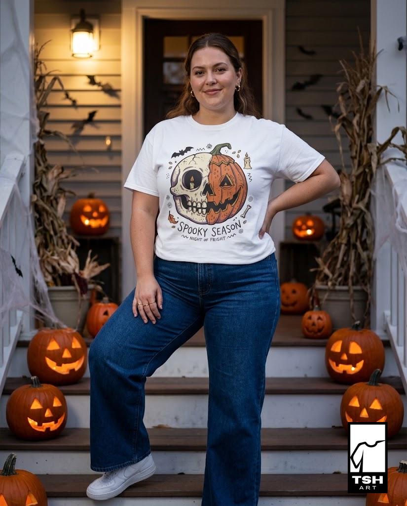 Spooky Season Halloween Shirt | Skull Pumpkin T Shirt | Retro Horror Graphic Tee | Creepy Fall Outfit | Gothic Autumn Wear | Unisex Gift