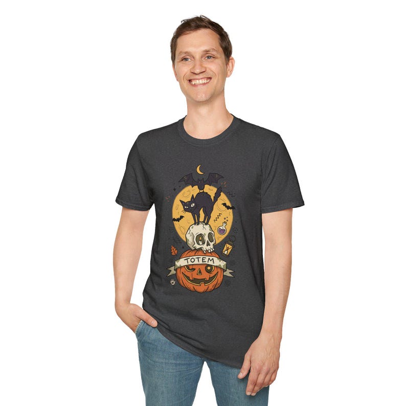 Halloween Black Cat Shirt | Skull Pumpkin Graphic Tee | Gothic Tattoo Flash T Shirt | Spooky Season Cat Lover Gift | Dark Academia Fall Top image 19