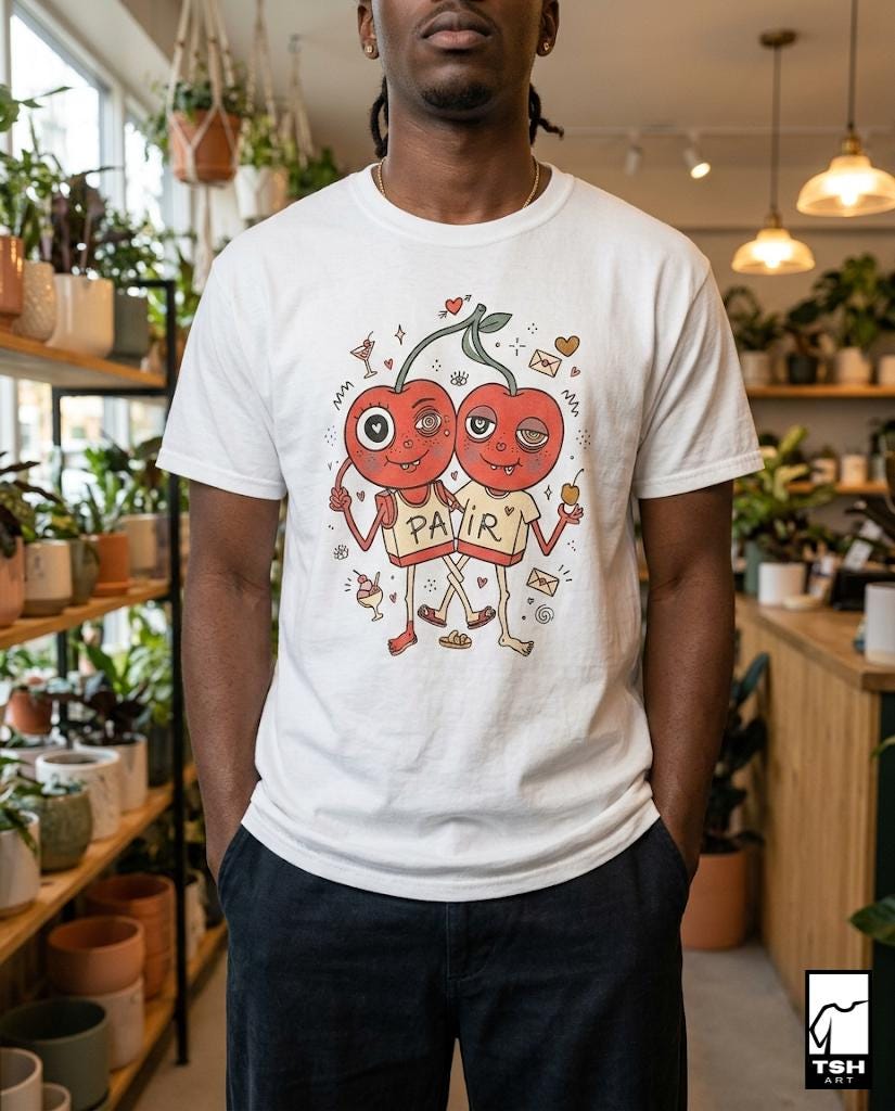 Cherry Pair T-Shirt | Quirky Couple Matching Graphic Tee, Valentine Anniversary Gift