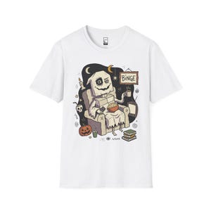 Cozy Halloween Ghost Shirt | Movie Night Graphic Tee | Spooky Season T Shirt | Autumn Binge Watching Tee | Vintage Cozy Tee | Unisex Gift White