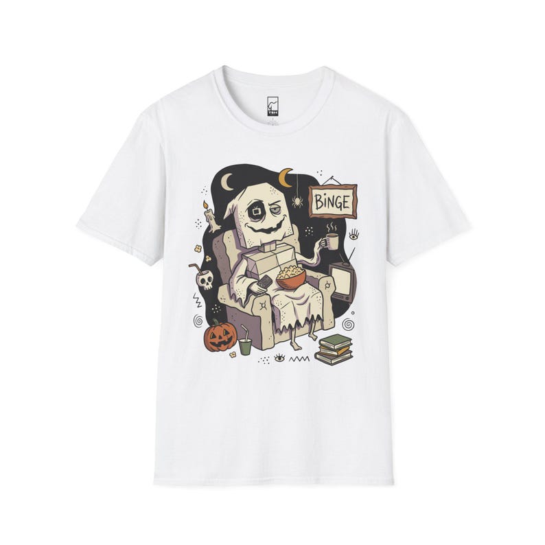 Cozy Halloween Ghost Shirt | Movie Night Graphic Tee | Spooky Season T Shirt | Autumn Binge Watching Tee | Vintage Cozy Tee | Unisex Gift White