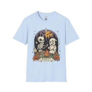 Skeleton Roast Halloween Shirt | Ghost Campfire Tee | Funny Marshmallow T Shirt | Spooky Smores Graphic Tee | Retro Fall Tee | Unisex Gift Light Blue
