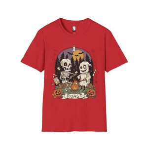 Skeleton Roast Halloween Shirt | Ghost Campfire Tee | Funny Marshmallow T Shirt | Spooky Smores Graphic Tee | Retro Fall Tee | Unisex Gift Red