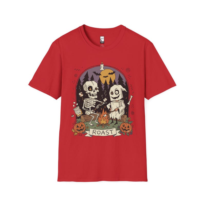 Skeleton Roast Halloween Shirt | Ghost Campfire Tee | Funny Marshmallow T Shirt | Spooky Smores Graphic Tee | Retro Fall Tee | Unisex Gift Red
