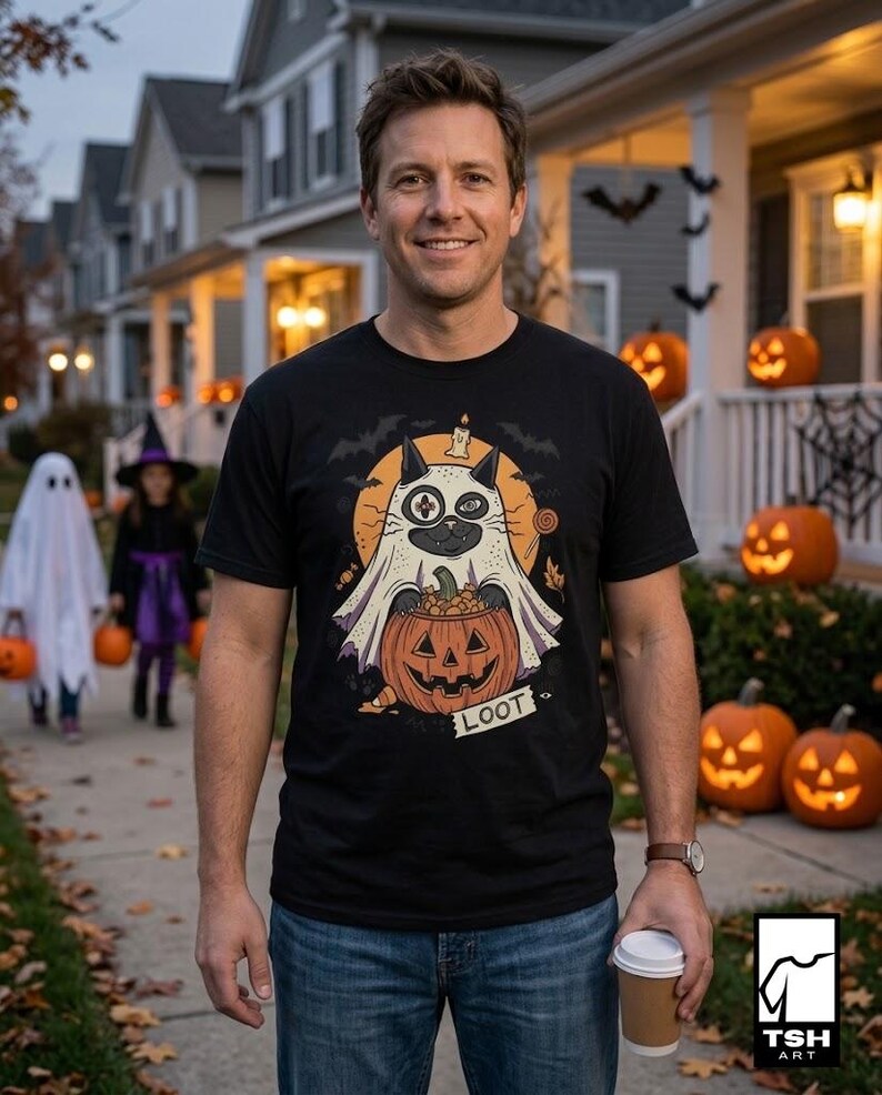 Ghost Cat Halloween Shirt | Spooky Kitten T Shirt | Cute Loot Graphic Tee | Retro Pumpkin Fall Top | Funny Cat Lover Clothes | Unisex Gift