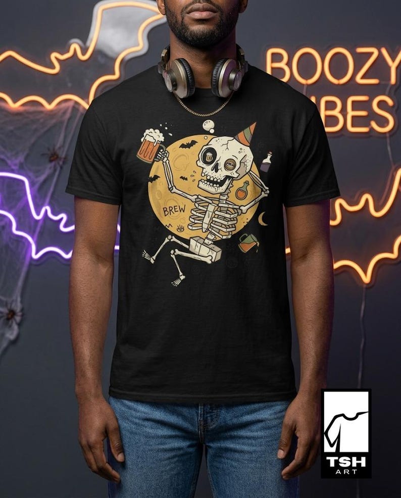 Funny Skeleton Shirt | Beer Drinking Tee | Halloween Party T Shirt | Spooky Humor Graphic Tee | Dancing Skeleton Tee | Unisex Gift