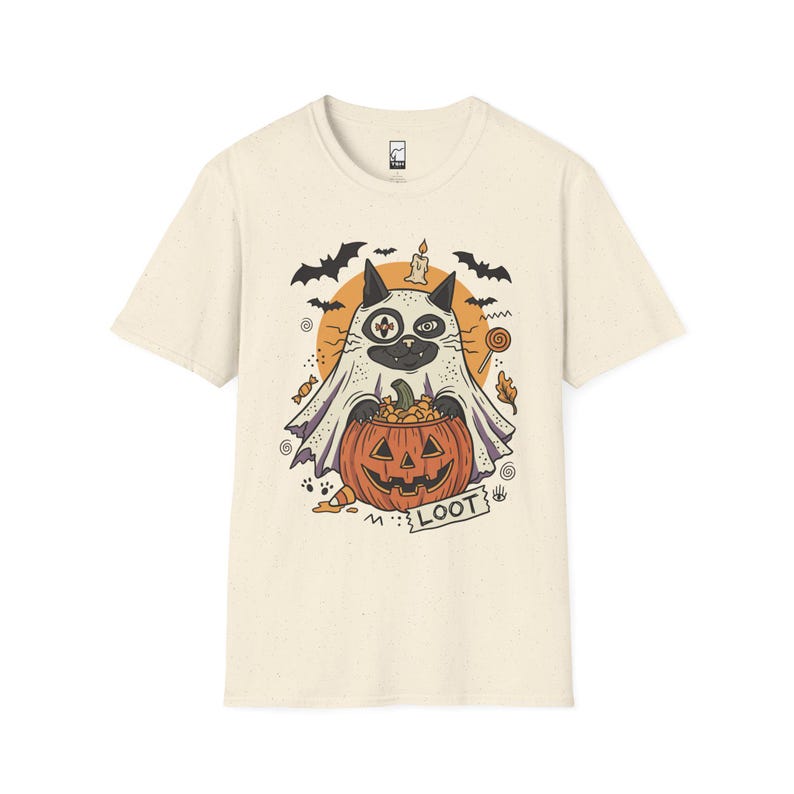 Ghost Cat Halloween Shirt | Spooky Kitten T Shirt | Cute Loot Graphic Tee | Retro Pumpkin Fall Top | Funny Cat Lover Clothes | Unisex Gift Natural