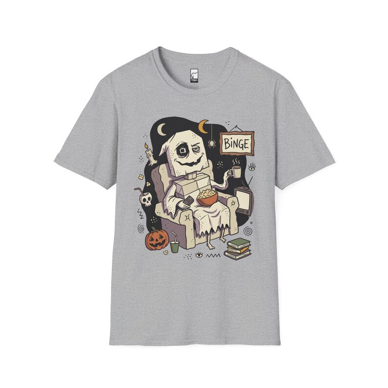 Cozy Halloween Ghost Shirt | Movie Night Graphic Tee | Spooky Season T Shirt | Autumn Binge Watching Tee | Vintage Cozy Tee | Unisex Gift Sport Grey