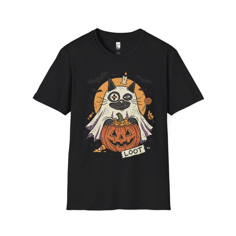 Ghost Cat Halloween Shirt | Spooky Kitten T Shirt | Cute Loot Graphic Tee | Retro Pumpkin Fall Top | Funny Cat Lover Clothes | Unisex Gift Black