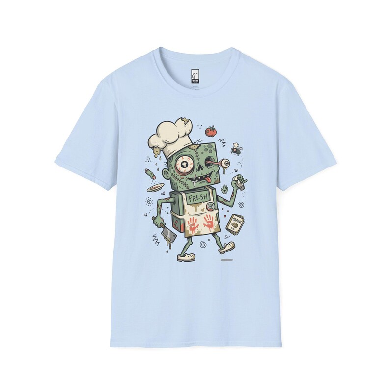Koszulka Zombie Chef | Koszulka z grafiką Horror Cooking, odzież dla smakoszy na Halloween Light Blue