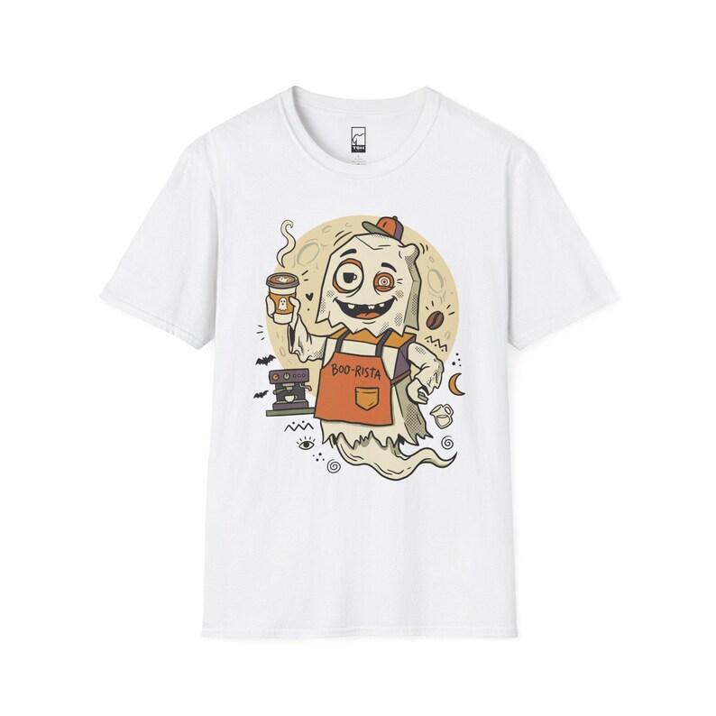 Halloween Ghost Coffee Shirt | Funny Barista Graphic Tee | Boo Rista T Shirt | Spooky Season Coffee Tee | Vintage Spooky Tee | Unisex Gift White