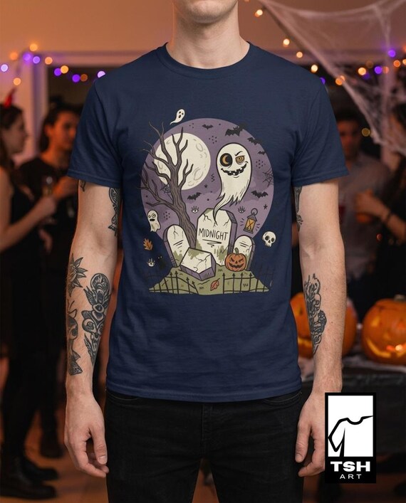 Unisex Graveyard T-Shirt | Spooky Halloween Print | Ghost and Full Moon Graphic Tee | Retro Graveyard T-Shirt