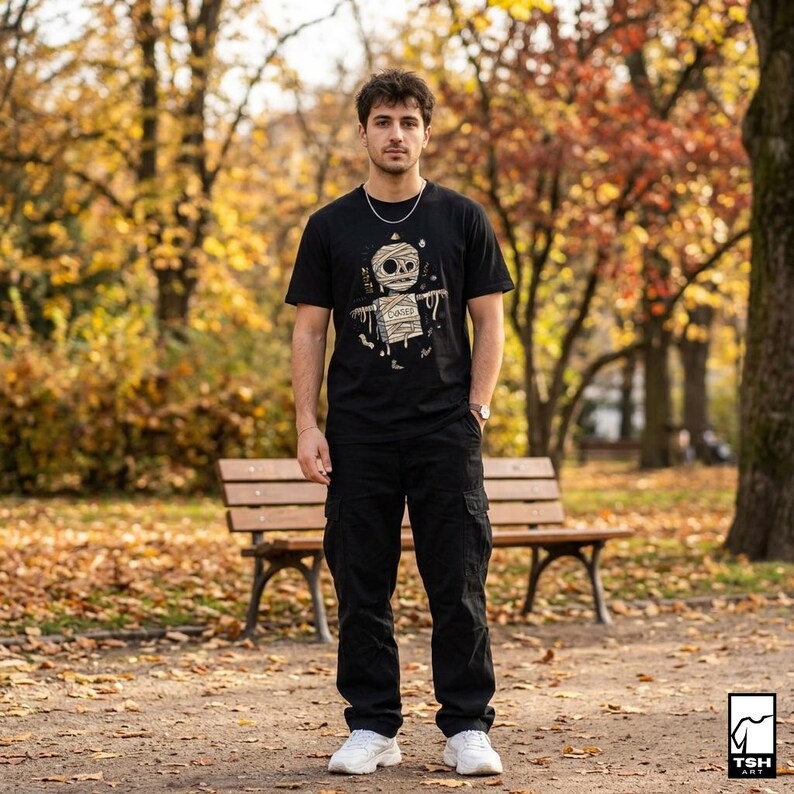 Puede incluir: Camiseta negra con un gr&aacute;fico de momia y la palabra "Cursed". La persona lleva pantalones cargo negros y zapatillas blancas. El fondo es un parque con un banco y follaje oto&ntilde;al.