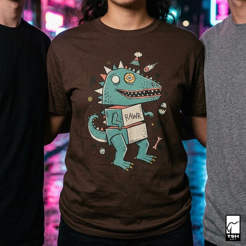May include: Brown t-shirt featuring a cartoon dinosaur with a blue body, holding a box with the word "RAWR". The dinosaur has a large eye and is decorated with a party hat and a shooting star. A bone and an egg are also included in the design.