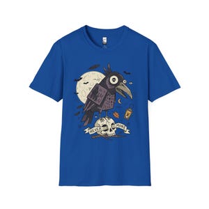 Halloween Raven Skull Shirt | Gothic Crow Graphic Tee | Full Moon T Shirt | Dark Academia Tattoo Flash Top | Spooky Season Fall Gift Tee Royal