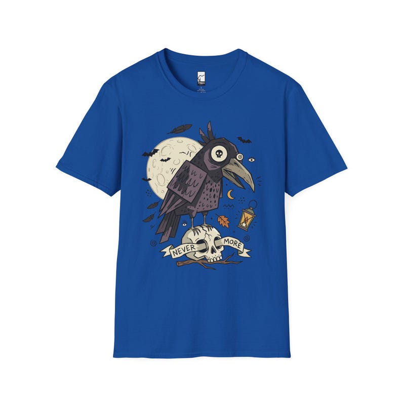 Halloween Raven Skull Shirt | Gothic Crow Graphic Tee | Full Moon T Shirt | Dark Academia Tattoo Flash Top | Spooky Season Fall Gift Tee Royal