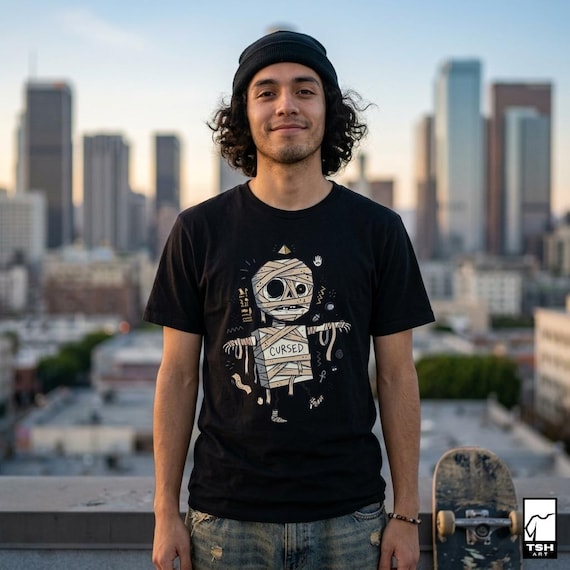 May include: Black t-shirt featuring a cartoon mummy design with the word "Cursed" on the front. The mummy is wrapped in bandages and has large, round eyes. The shirt is worn by a person wearing a black beanie.