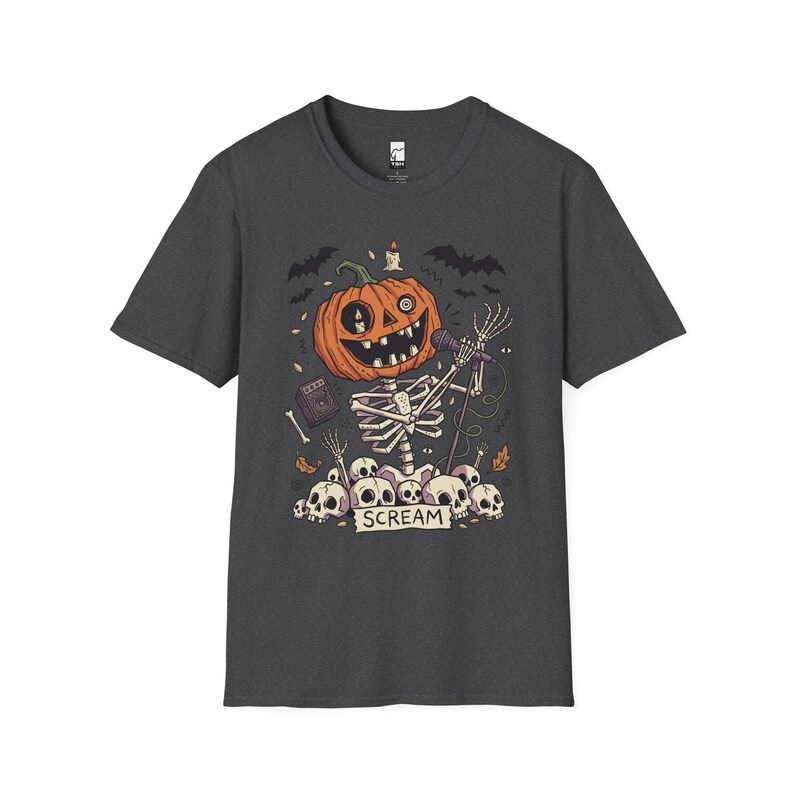 Scream Skeleton Halloween Shirt | Pumpkin Rocker T-shirt | Metal Horror Tee | Retro Herfstconcert Top | Gothic Rock Kleding | Unisex Cadeau Dark Heather