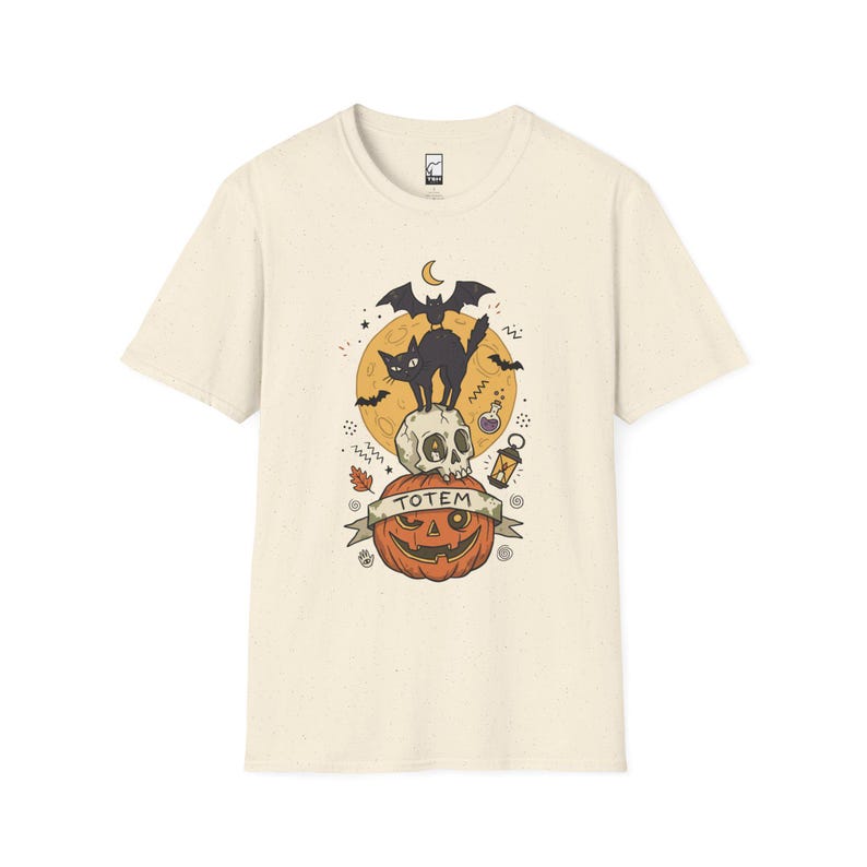 Halloween Black Cat Shirt | Skull Pumpkin Graphic Tee | Gothic Tattoo Flash T Shirt | Spooky Season Cat Lover Gift | Dark Academia Fall Top Natural