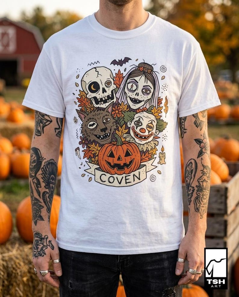Vintage Halloween Shirt | Skull Werewolf T Shirt | Creepy Clown Witch Tee | Pumpkin Coven Graphic Tee | Retro Horror Tee | Unisex Gift