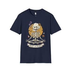 Skeleton Halloween Shirt | Rest In Peace Skull Tee | Full Moon Bat Graphic Tee | Yoga Meditation T Shirt | Vintage Spooky Tee | Unisex Gift Navy