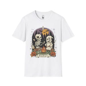 Skeleton Roast Halloween Shirt | Ghost Campfire Tee | Funny Marshmallow T Shirt | Spooky Smores Graphic Tee | Retro Fall Tee | Unisex Gift White