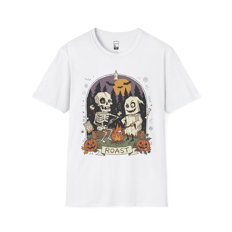 Skeleton Roast Halloween Shirt | Ghost Campfire Tee | Funny Marshmallow T Shirt | Spooky Smores Graphic Tee | Retro Fall Tee | Unisex Gift White