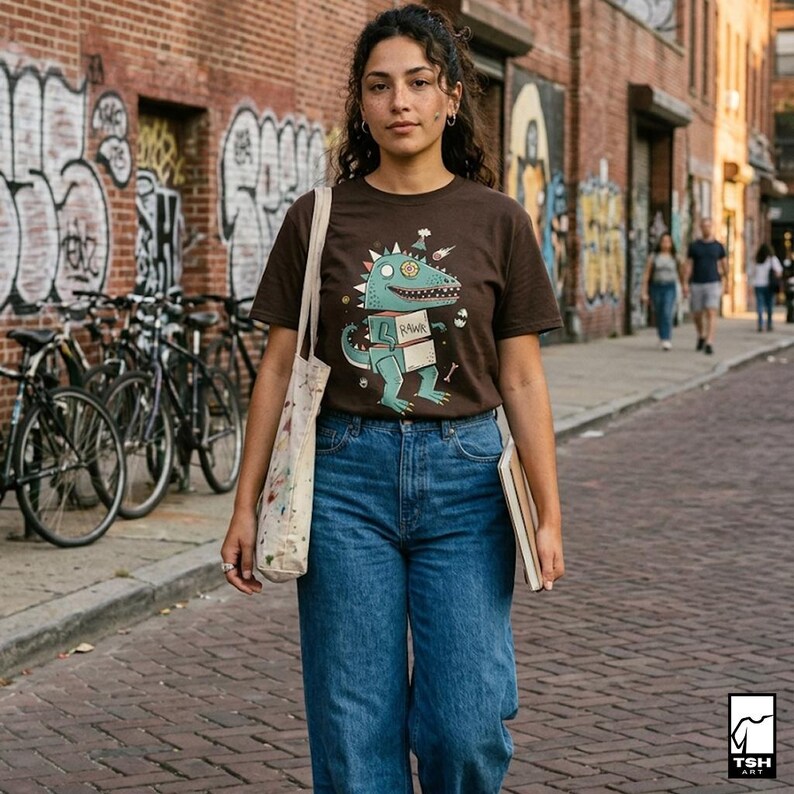 May include: A brown t-shirt featuring a cartoon dinosaur with the word "RAWR" on its chest. The dinosaur is light blue with green accents. The person is wearing blue jeans and carrying a tote bag and a notebook.