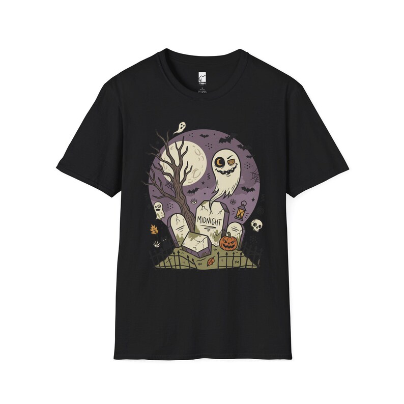 Unisex Graveyard T-Shirt | Spooky Halloween Print | Ghost and Full Moon Graphic Tee | Retro Graveyard T-Shirt Black
