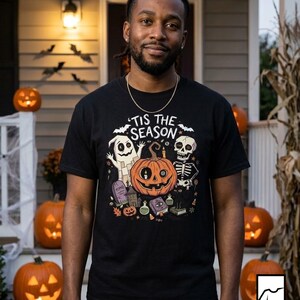 Tis The Season Halloween Shirt | Spooky Ghost T Shirt | Cute Pumpkin Graphic Tee | Retro Horror Fall Top | Gothic Cat Clothes | Unisex Gift
