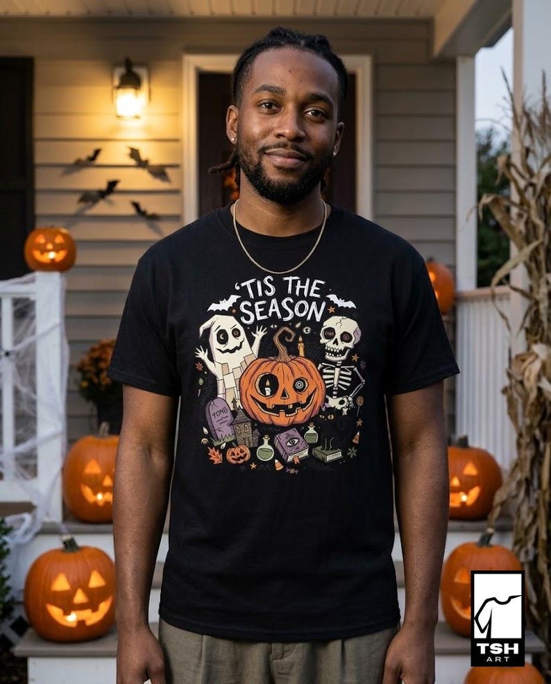 Tis The Season Halloween Shirt | Spooky Ghost T Shirt | Cute Pumpkin Graphic Tee | Retro Horror Fall Top | Gothic Cat Clothes | Unisex Gift