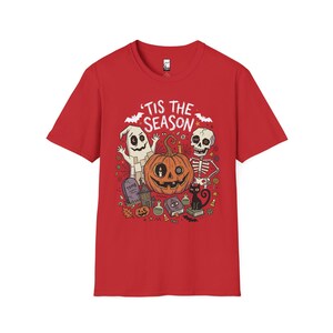 Tis The Season Halloween Shirt | Spooky Ghost T Shirt | Cute Pumpkin Graphic Tee | Retro Horror Fall Top | Gothic Cat Clothes | Unisex Gift Red