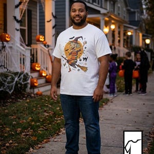 Unisex Witch T-Shirt | Retro Halloween Print | Flying Broomstick Graphic Tee | Vintage Witch T-Shirt