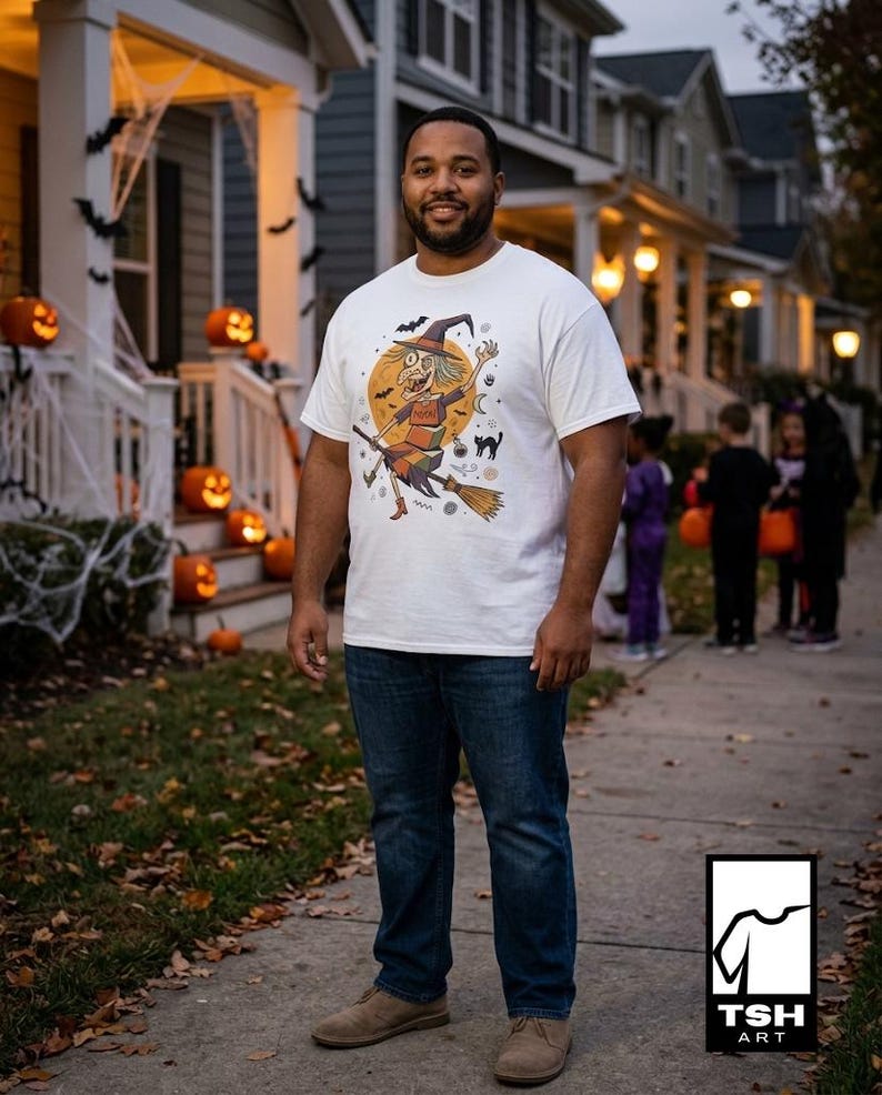 Unisex Witch T-Shirt | Retro Halloween Print | Flying Broomstick Graphic Tee | Vintage Witch T-Shirt