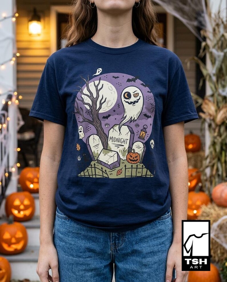 Unisex Graveyard T-Shirt | Spooky Halloween Print | Ghost and Full Moon Graphic Tee | Retro Graveyard T-Shirt