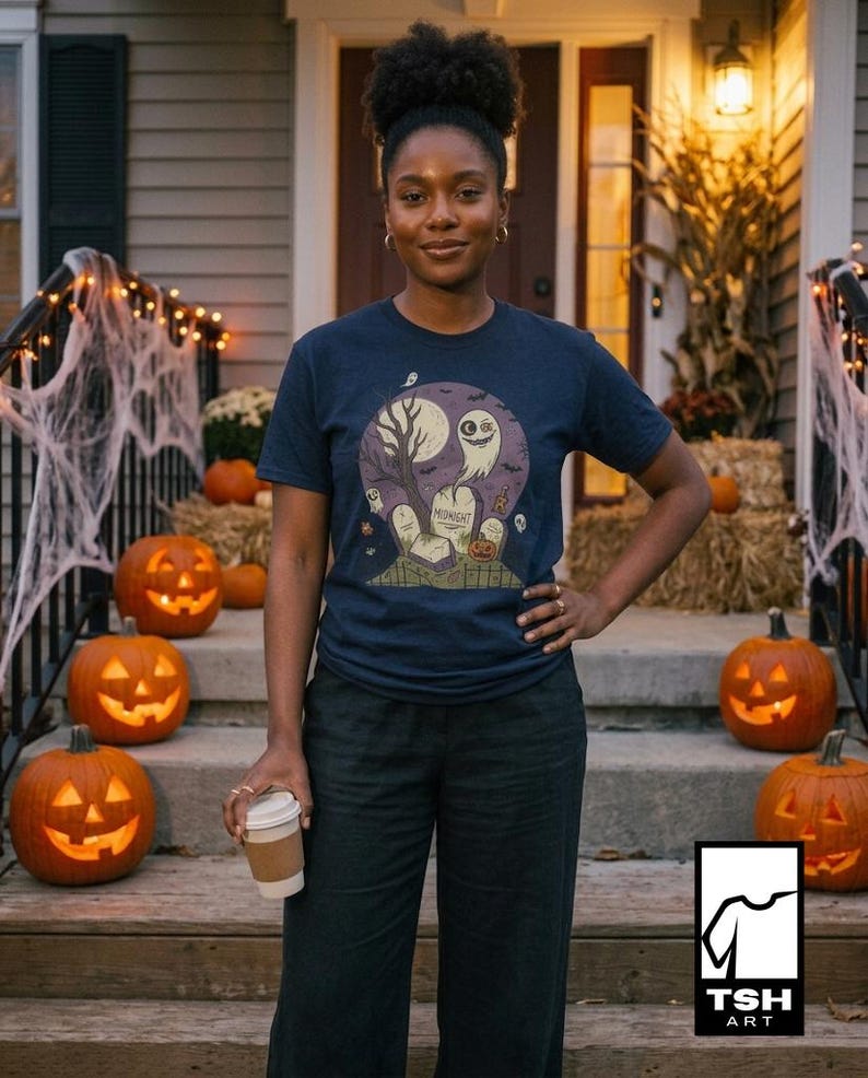 Unisex Graveyard T-Shirt | Spooky Halloween Print | Ghost and Full Moon Graphic Tee | Retro Graveyard T-Shirt