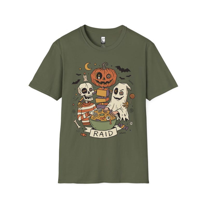 Vintage Halloween Shirt | Skeleton Ghost T Shirt | Spooky Candy Bowl Tee | Pumpkin Trick Or Treat Tee | Retro Spooky Tee | Unisex Gift Military Green