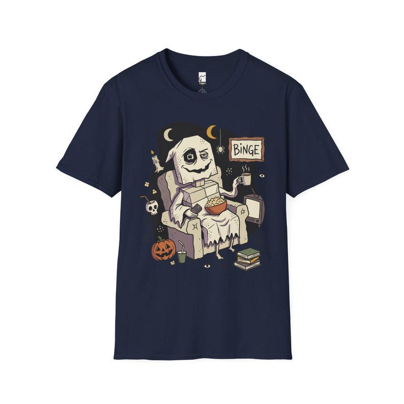 Cozy Halloween Ghost Shirt | Movie Night Graphic Tee | Spooky Season T Shirt | Autumn Binge Watching Tee | Vintage Cozy Tee | Unisex Gift Navy