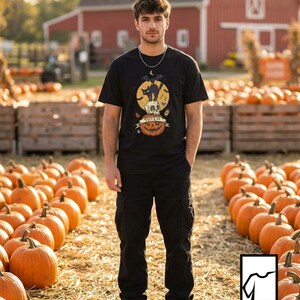 Halloween Black Cat Shirt | Skull Pumpkin Graphic Tee | Gothic Tattoo Flash T Shirt | Spooky Season Cat Lover Gift | Dark Academia Fall Top