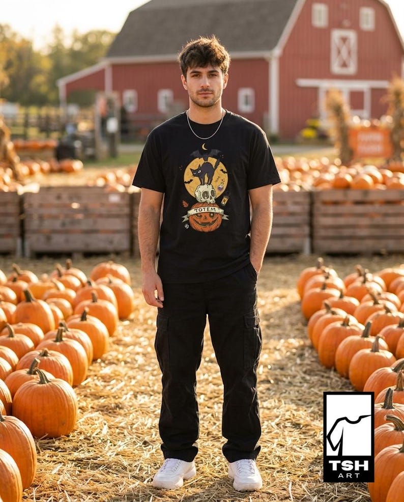 Halloween Black Cat Shirt | Skull Pumpkin Graphic Tee | Gothic Tattoo Flash T Shirt | Spooky Season Cat Lover Gift | Dark Academia Fall Top