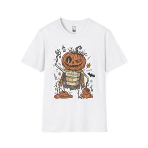 Camiseta Unissex com Estampa de Abóbora | Estampa de Abóbora de Halloween | Camiseta com Estampa de Colheita de Outono | Camiseta Assustadora com Abóbora White