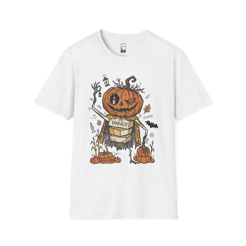 Camiseta Unissex com Estampa de Abóbora | Estampa de Abóbora de Halloween | Camiseta com Estampa de Colheita de Outono | Camiseta Assustadora com Abóbora White