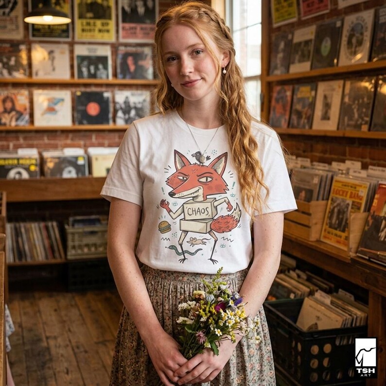 May include: White t-shirt featuring a cartoon fox design holding a box labelled "CHAOS". The fox is orange and red, with a bird on its head and a snake at its feet. The person is holding a bouquet of flowers. The background shows vinyl records.