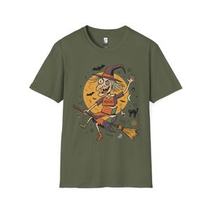 Unisex Witch T-Shirt | Retro Halloween Print | Flying Broomstick Graphic Tee | Vintage Witch T-Shirt Military Green