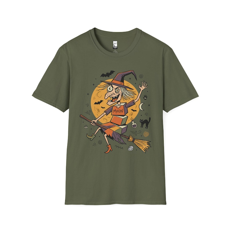 Unisex Witch T-Shirt | Retro Halloween Print | Flying Broomstick Graphic Tee | Vintage Witch T-Shirt Military Green
