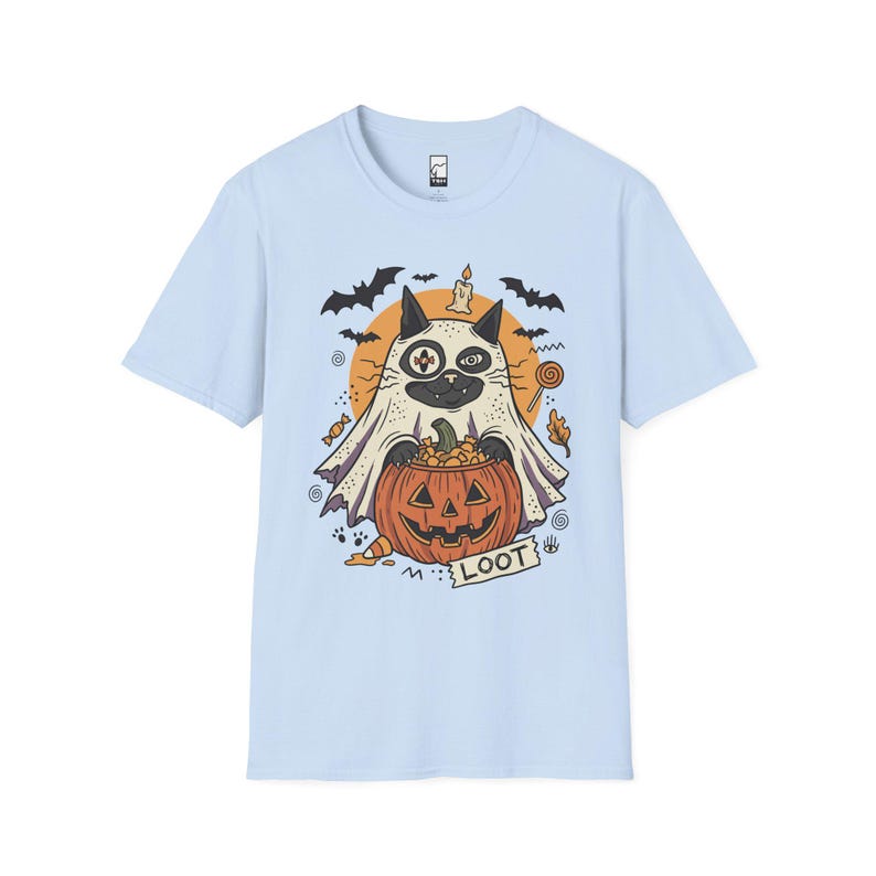 Ghost Cat Halloween Shirt | Spooky Kitten T Shirt | Cute Loot Graphic Tee | Retro Pumpkin Fall Top | Funny Cat Lover Clothes | Unisex Gift Light Blue