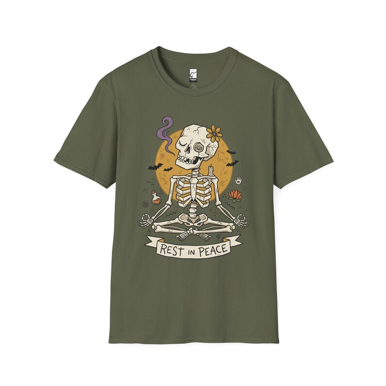Skeleton Halloween Shirt | Rest In Peace Skull Tee | Full Moon Bat Graphic Tee | Yoga Meditation T Shirt | Vintage Spooky Tee | Unisex Gift Military Green