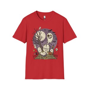 Unisex Graveyard T-Shirt | Spooky Halloween Print | Ghost and Full Moon Graphic Tee | Retro Graveyard T-Shirt Red