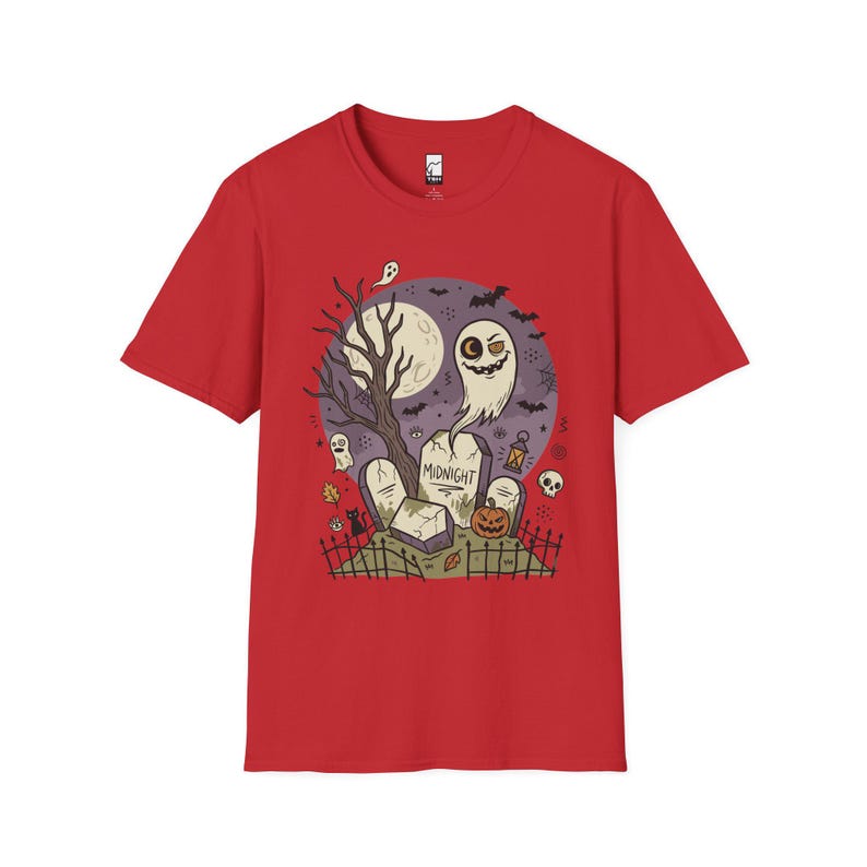 Unisex Graveyard T-Shirt | Spooky Halloween Print | Ghost and Full Moon Graphic Tee | Retro Graveyard T-Shirt Red