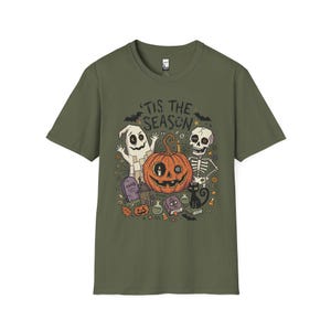 Tis The Season Halloween Shirt | Spooky Ghost T Shirt | Cute Pumpkin Graphic Tee | Retro Horror Fall Top | Gothic Cat Clothes | Unisex Gift Military Green